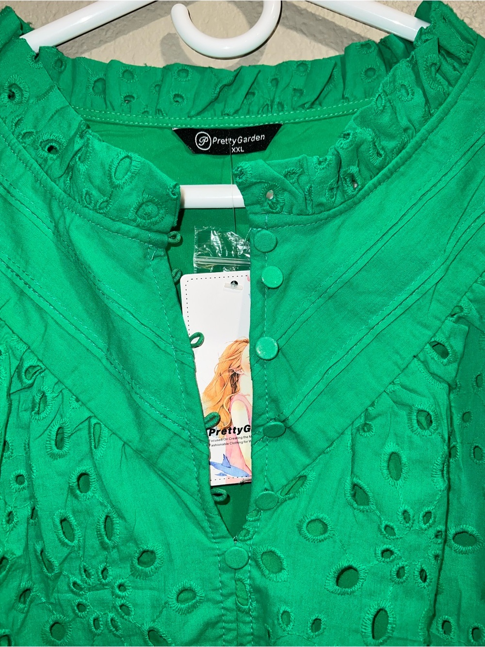 PRETTYGARDEN Green Eyelet Lace Puff Sleeve Blouse NWT XXL Boho Ruffle Neck - Picture 5 of 11